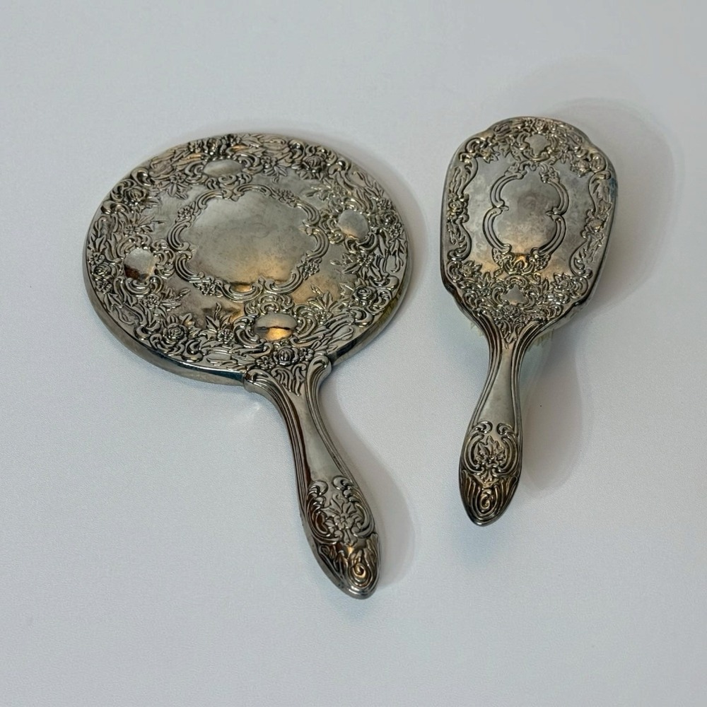 Antique Victorian Art Nouveau Silver Plated Hand Mirror and Brush Vanity Set